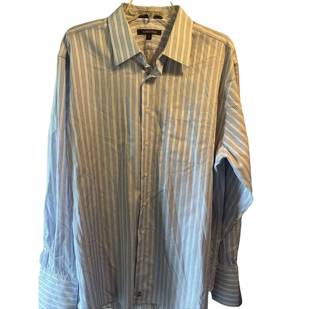 Nordstrom Men’s 17 35 Blue Grey Striped LS Smart Care Button Down Cotton Shirt